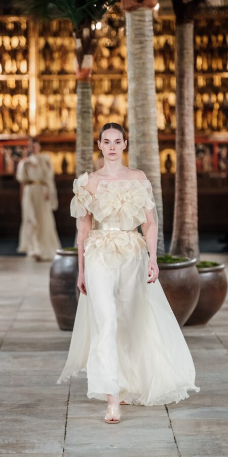 Ivory Organza Flower Top with Silk Chiffon Maxi Skirt