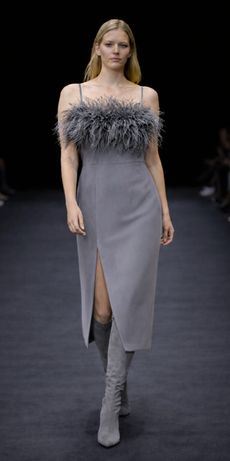 Gray Midi Dress with Feathers