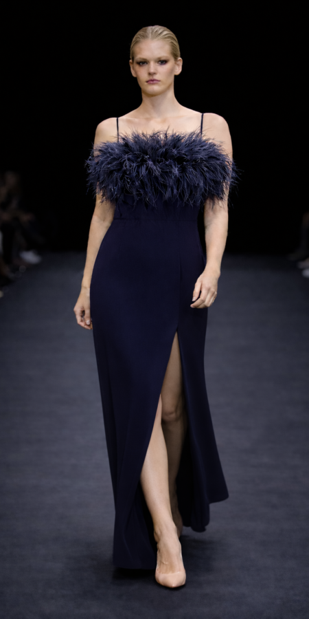 Navy Gown with Feathers